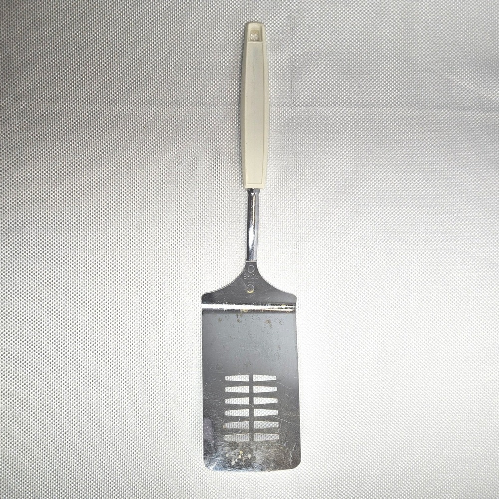 Vintage EKCO Slotted Spatula Turner Stainless Steel Off White Handle Made in USA